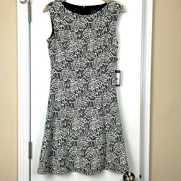 adrianna papell jacquard fit & flare dress Navy Jacquard Floral Beaded Fit And Flare Midi Dress